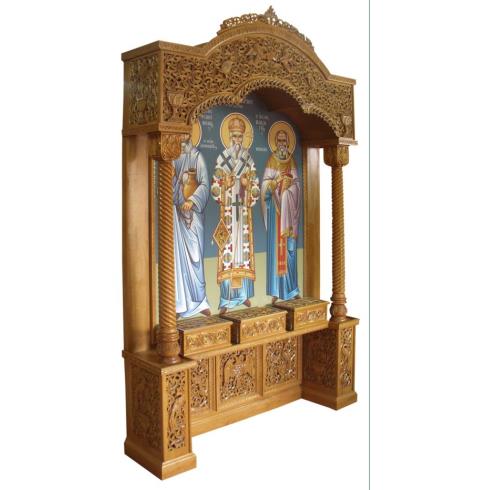 ICON STAND WITH RELICS CASE IN BYZANTINE  CARVING - St. Nectarios ,Boston USA